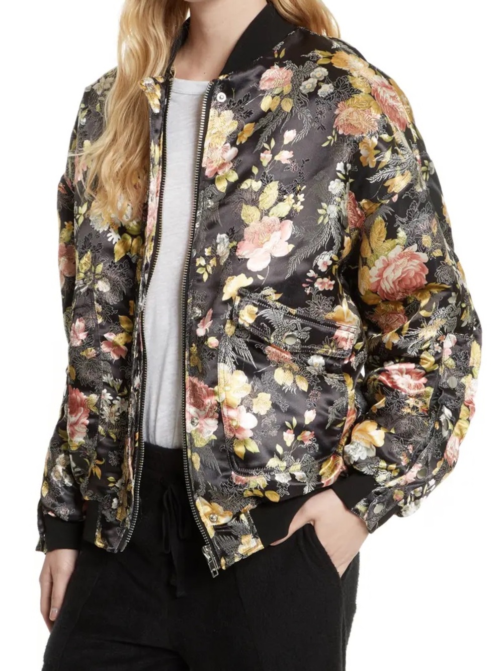 Free People Floral Satin Bomber Jacket - Black with Pink & Gold Blooms